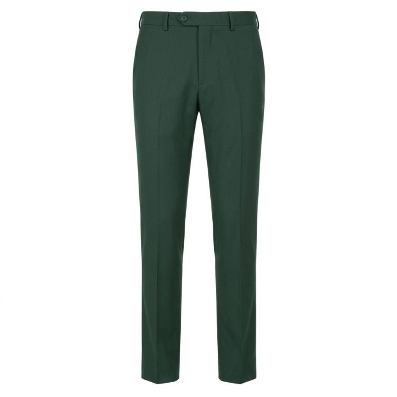 A pair of dark forest green trousers shown flat against a solid white background.