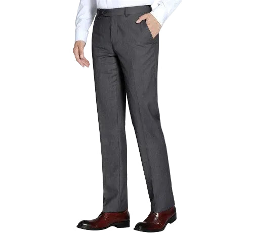 A person wearing dark gray dress pants with a white dress shirt and dark brown dress shoes, shown from the waist down on a plain white background.