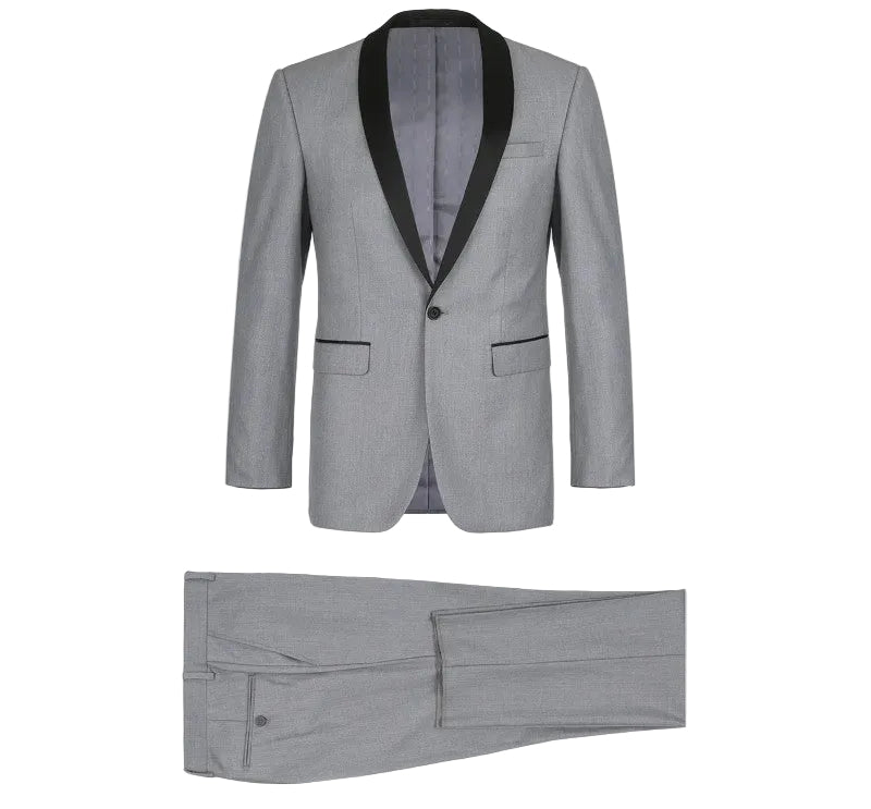 A men's two-piece tuxedo featuring a light gray micro-houndstooth blazer with black satin shawl lapels and matching gray trousers, displayed on a solid white background.