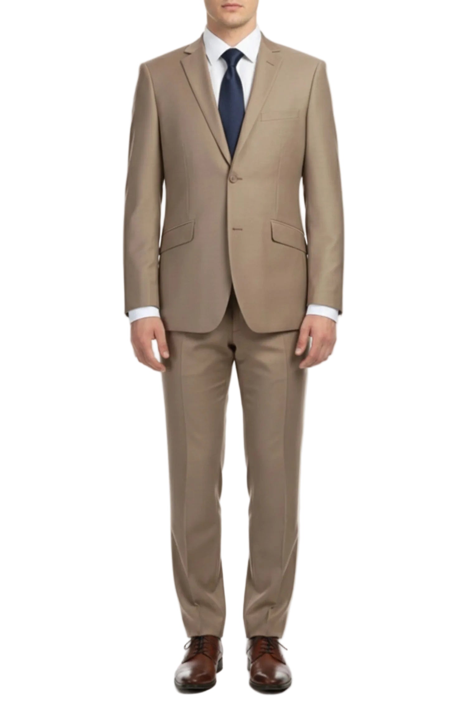 Taupe suit with a white shirt and brown shoes on a white background