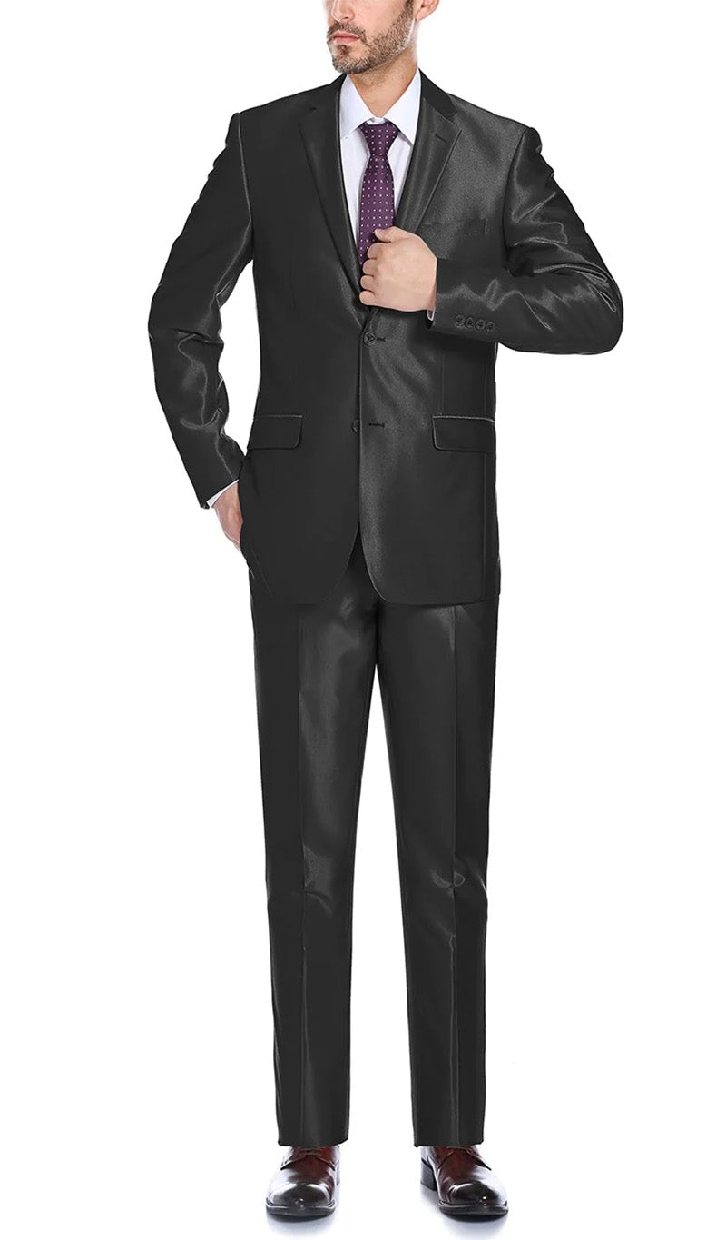 A man wearing a black regular fit sharkskin Italian styled two-piece suit with a notch lapel, single-breasted two-button jacket, flat-fronted trousers, and a purple tie.