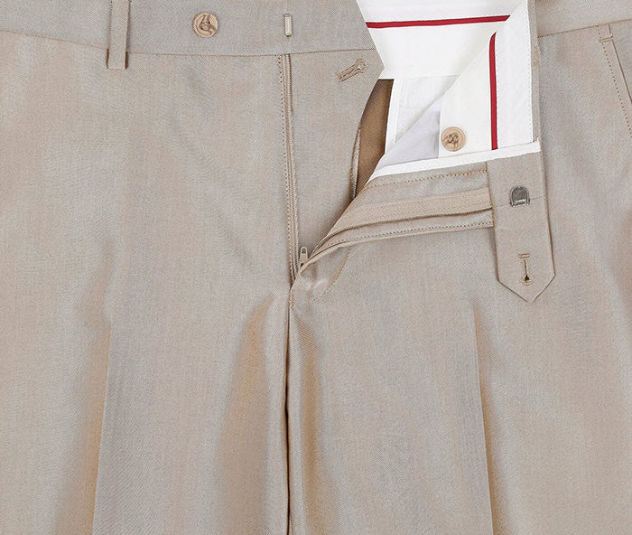 Detail shot of a Renoir beige slim fit sharkskin Italian 2-piece men's suit, showing luxurious fabric texture.