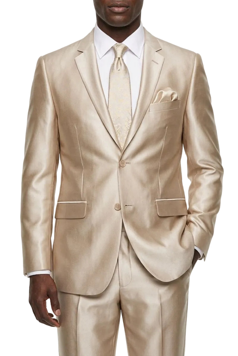 Beige Slim Fit Sharkskin Italian Styled 2 Piece Suit