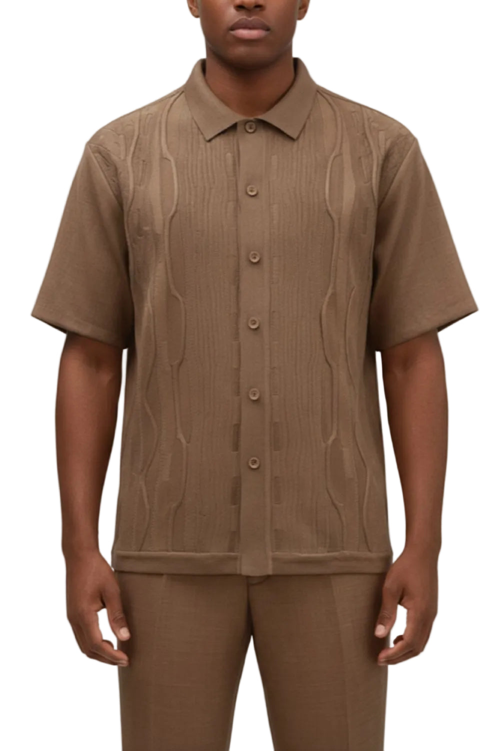 Man wearing a taupe textured shirt and pants on a white background