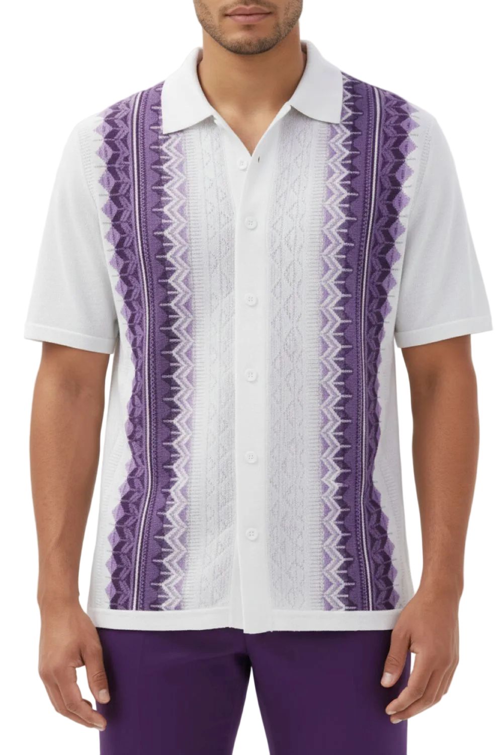 Man wearing a white shirt with purple patterned accents on a white background