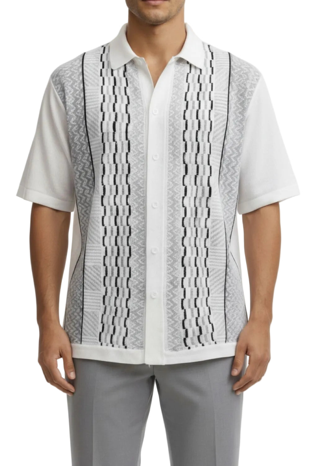 Man wearing a patterned vest over a white shirt with gray pants on a white background