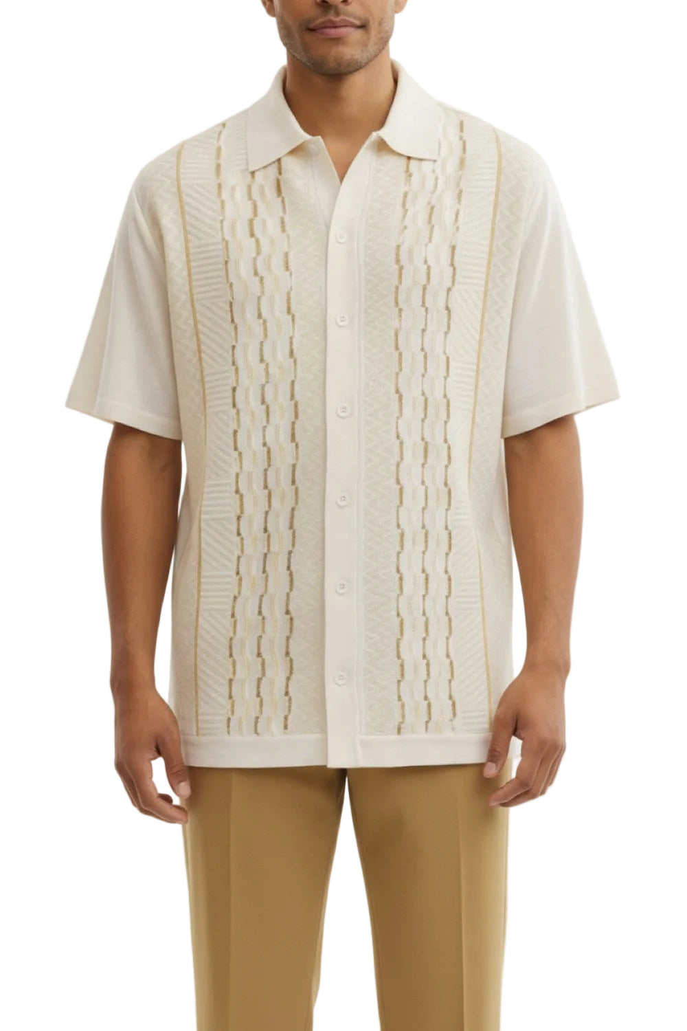 Man wearing a textured tan shirt and beige pants on a white background