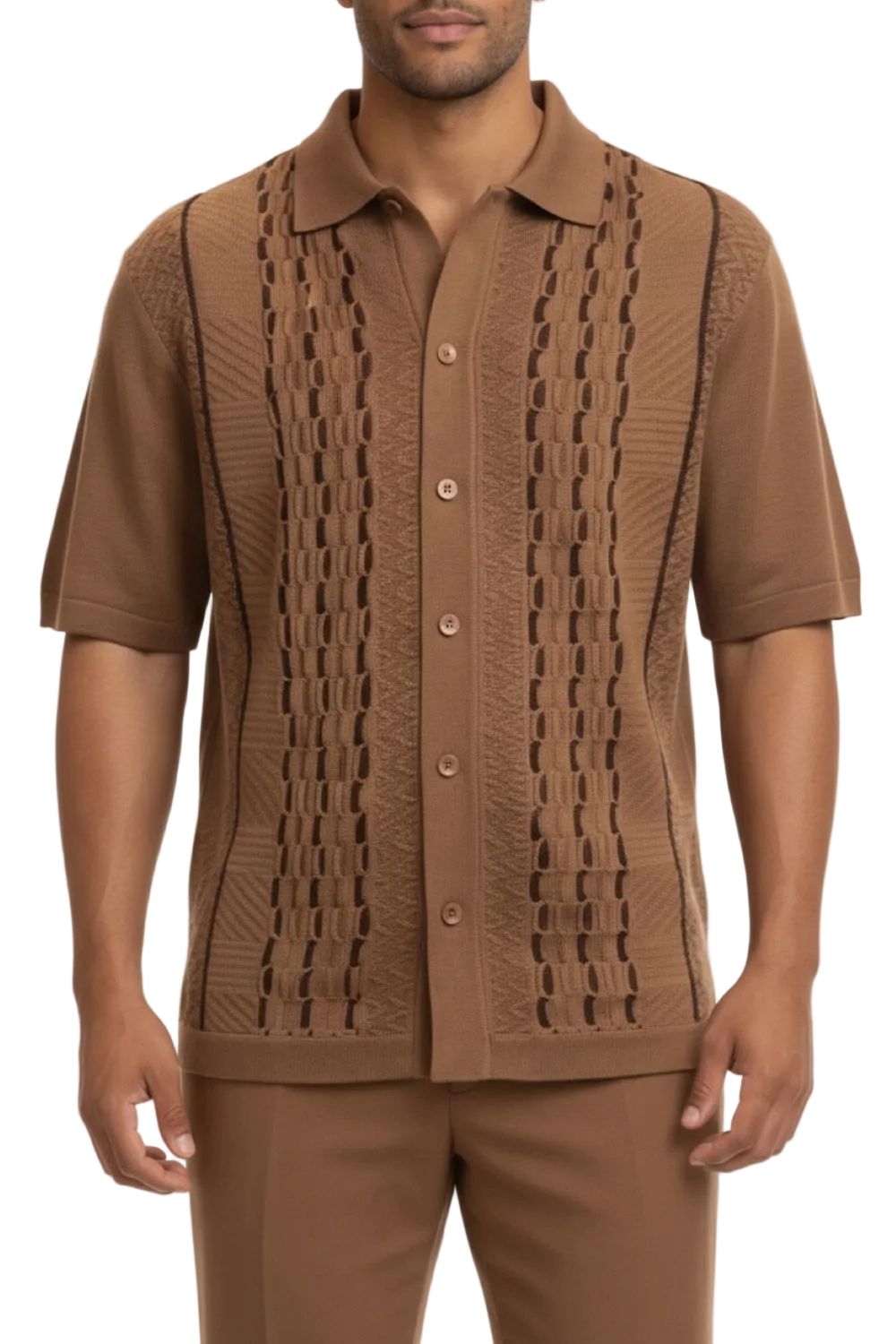 Man wearing a brown textured shirt with a plain background