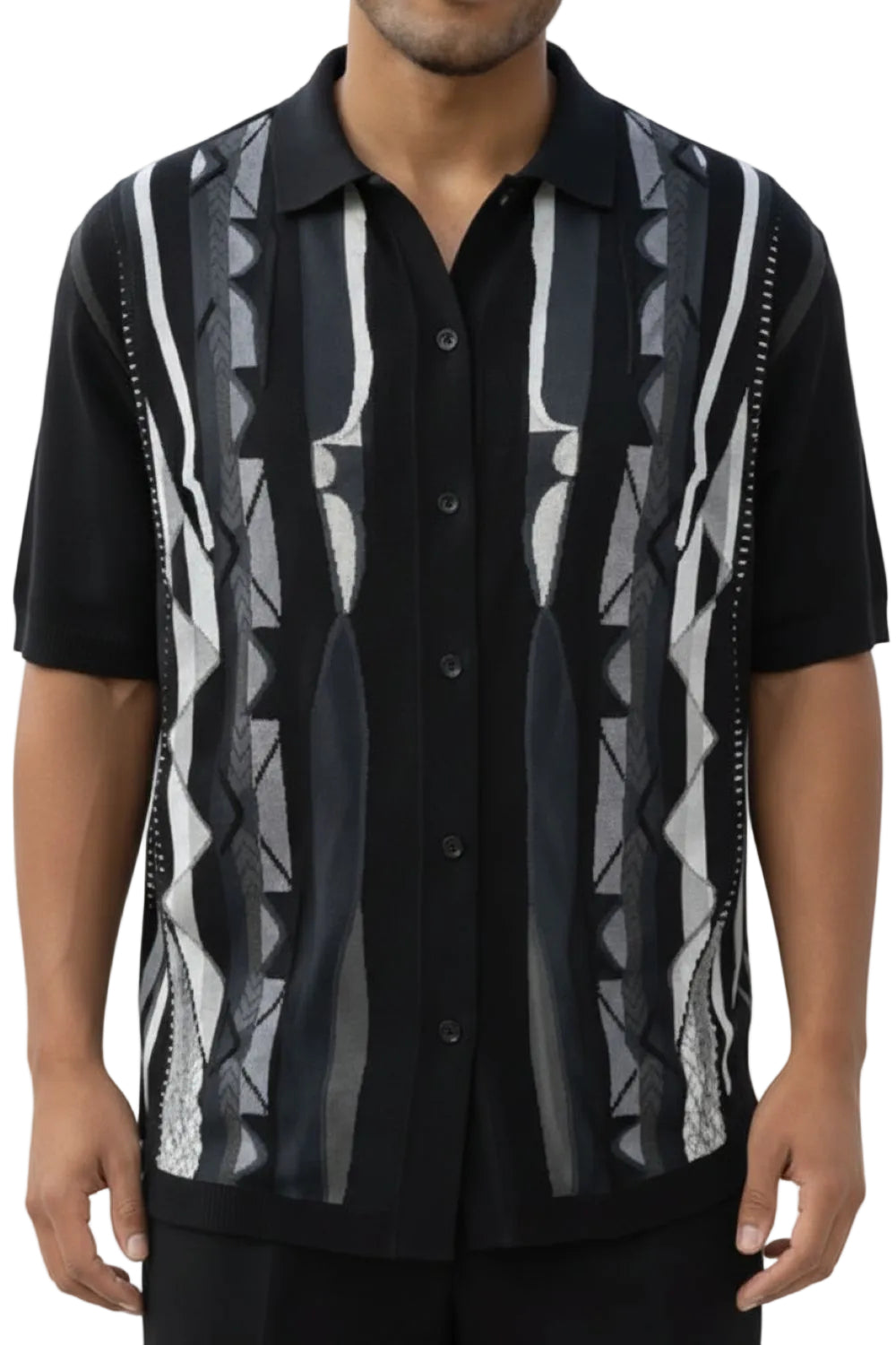 Black button-up shirt with geometric pattern on a white background
