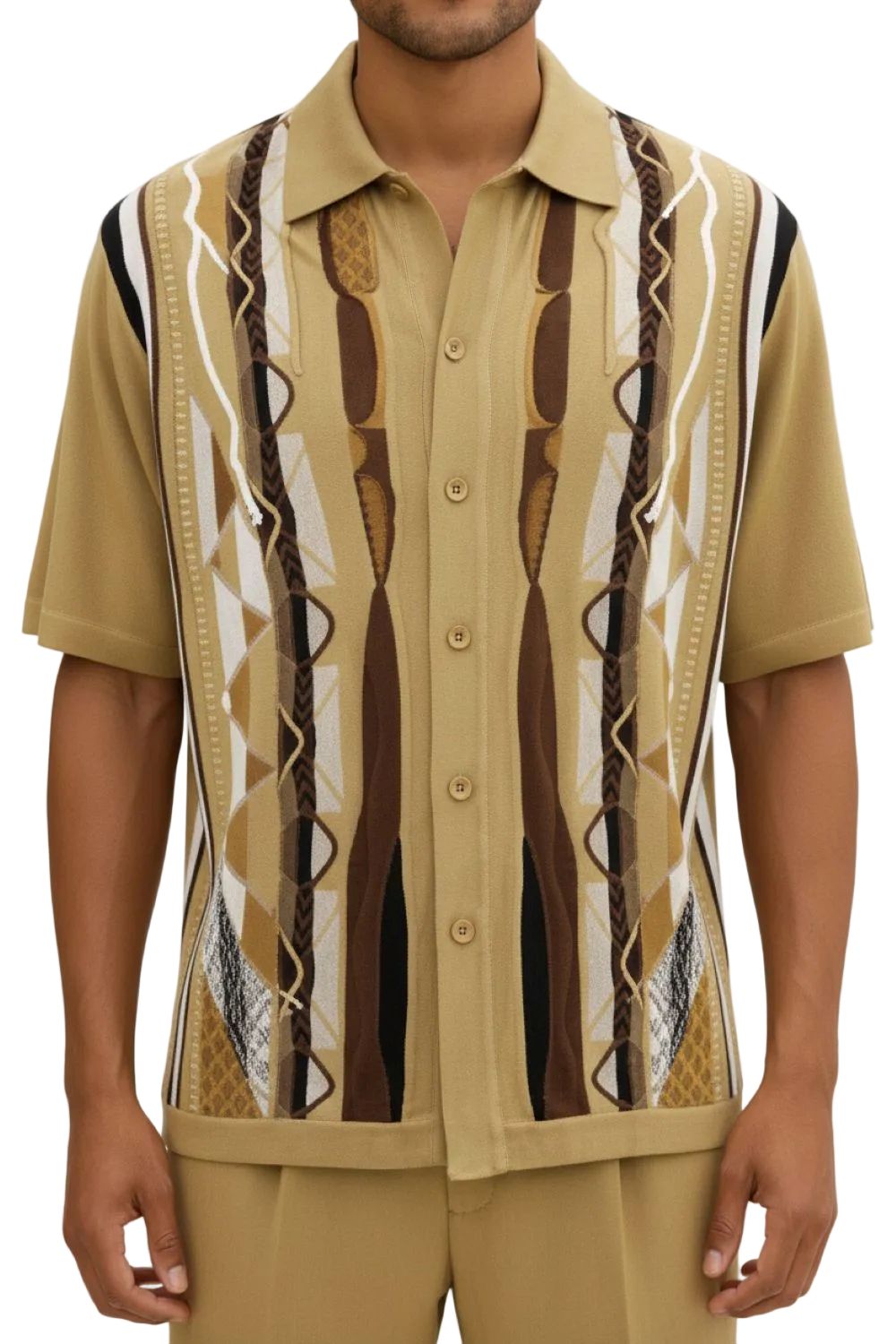 Man wearing a patterned beige shirt with brown and white accents on a white background
