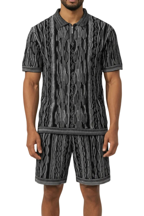 Black wavy stripe polo and shorts set