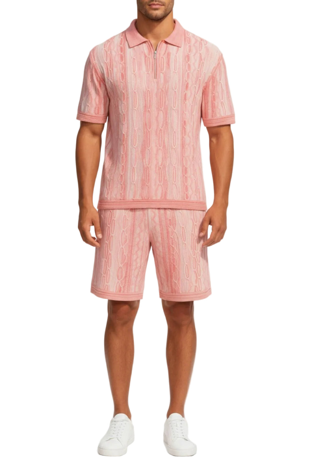 Man wearing a pink striped polo shirt and shorts set on a white background