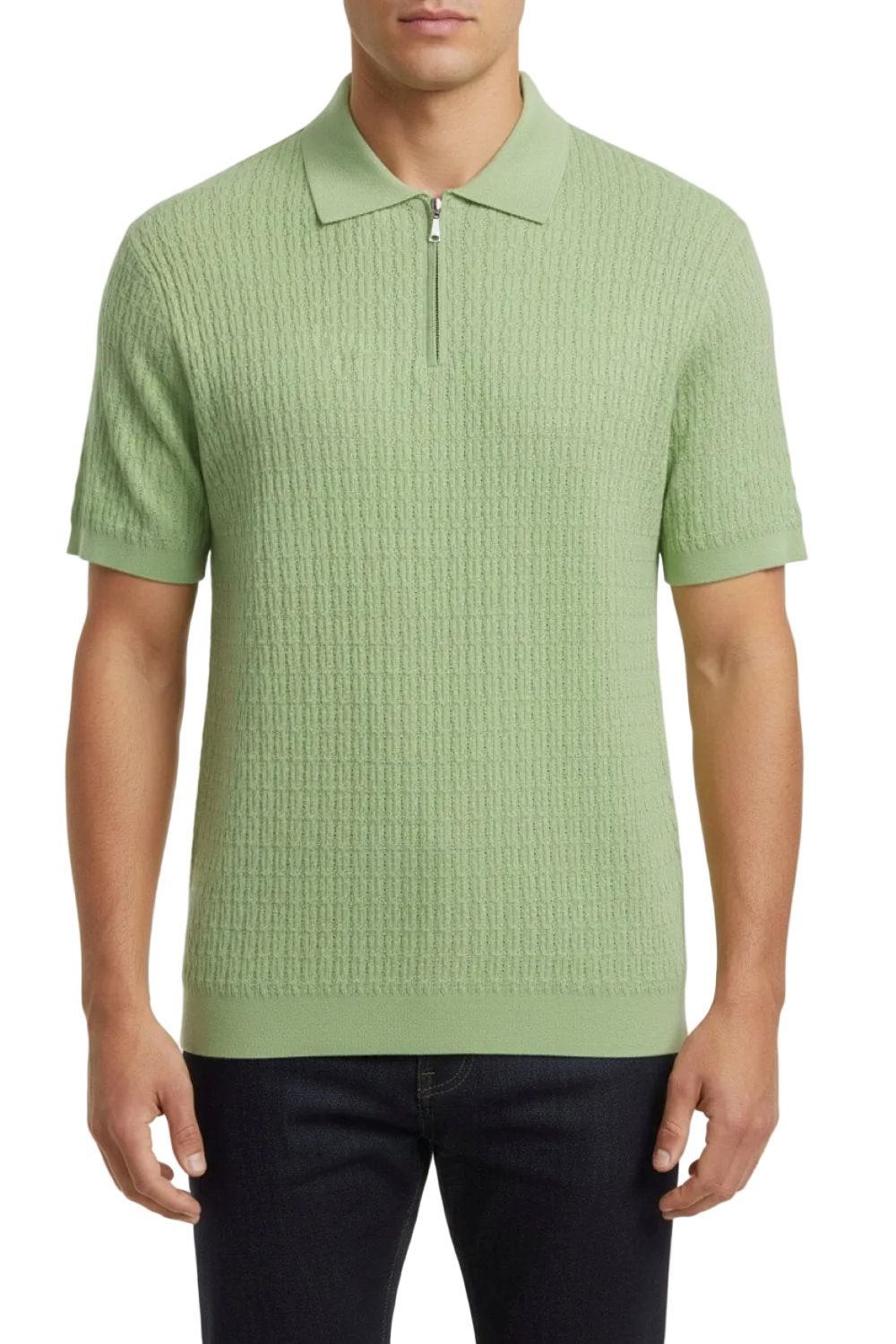 Stacy Adams - Green Textured Ribbed Quarter Zip Polo