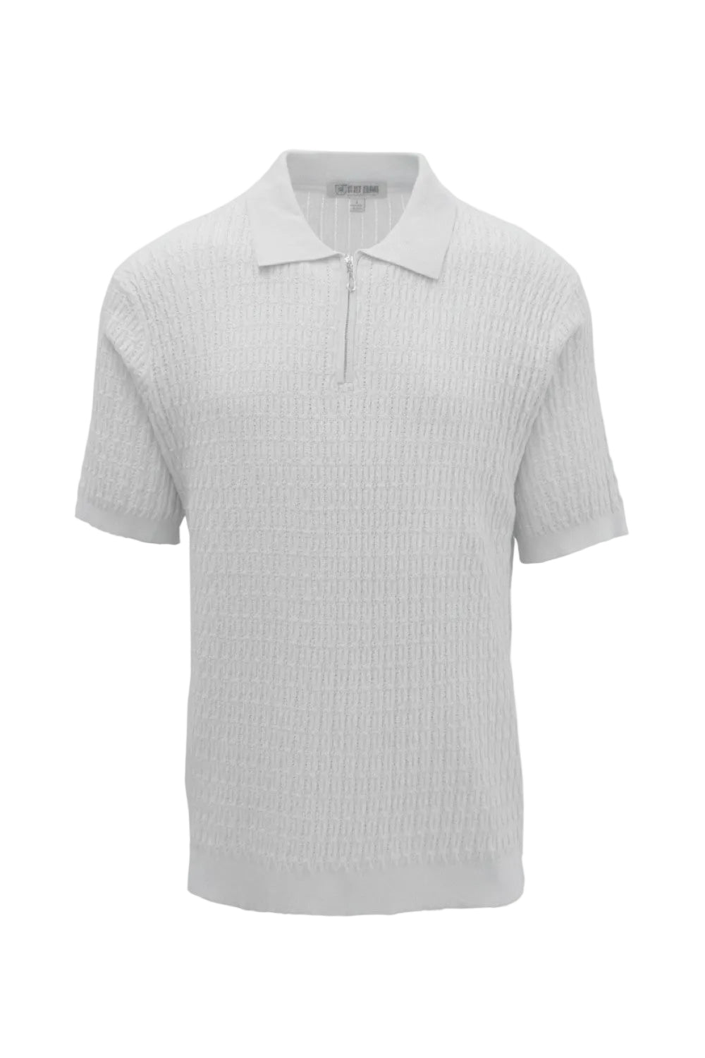 White ribbed knit polo shirt on a white background