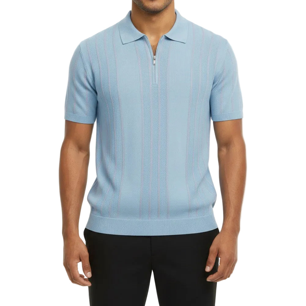 Striped Quarter Zip Polo - Blue