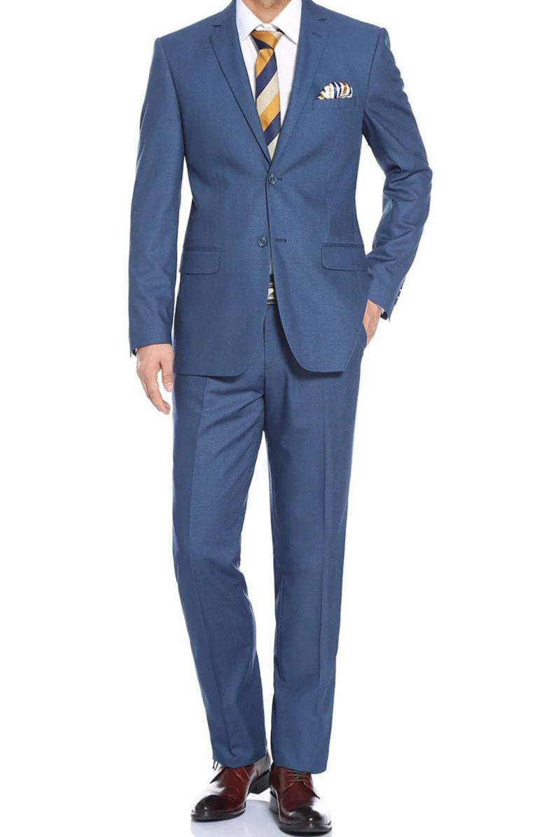 Renoir classic blue slim fit 2-piece suit with notch lapel. Sophisticated style for mature professionals, an affordable deal.