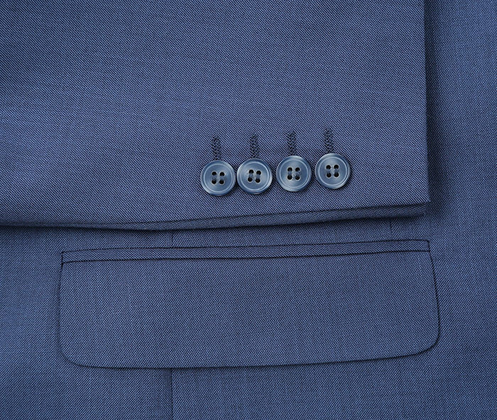 Renoir blue slim fit suit: detail of notch lapel, button, and premium fabric texture.