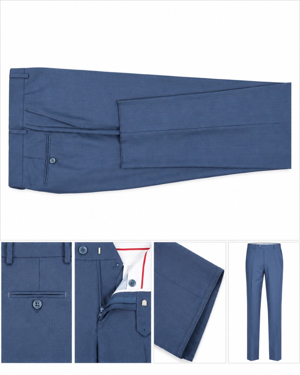 A pair of blue dress pants shown on a white background, with a large top view and four smaller detail panels below showing close-ups of the waistband, pocket, interior lining, and full-length side view.