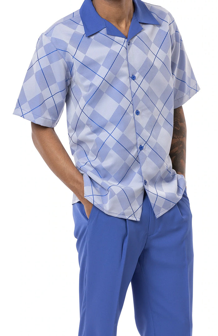 (M, 4XL) Royal Blue 2 Piece Short Sleeve Men's Summer Walking Suit Argyle Pattern