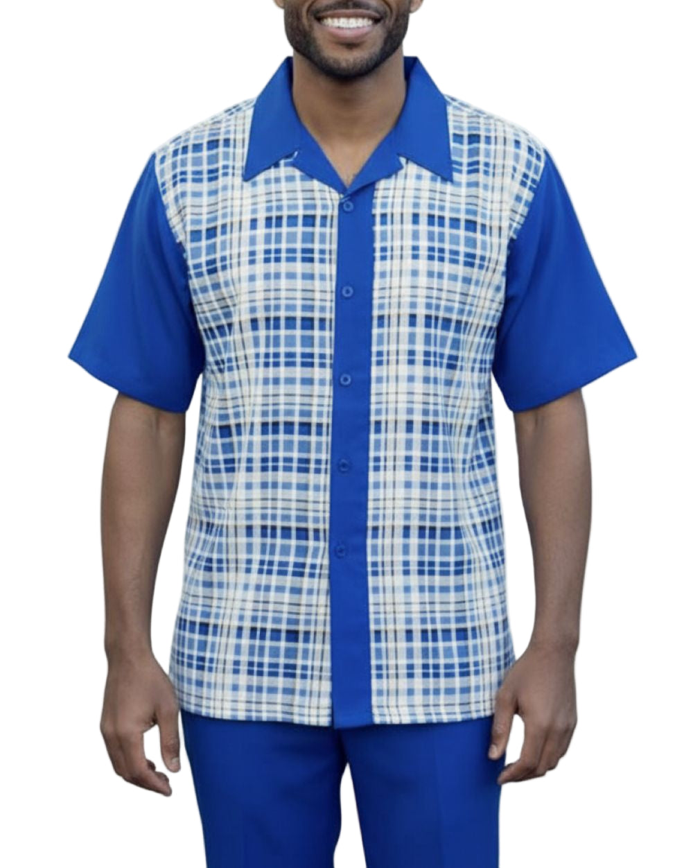Close-up of the checkered short sleeve on the Cobalt Blue Plaid Walking Suit, showing collar, buttons, pocket.