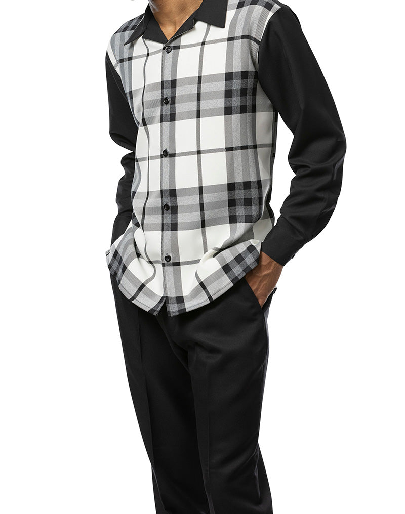 Close-up of the checkered sleeve on the Black Plaid 2 Piece Long Sleeve Walking Suit Set jacket, showing the cuff buttons.