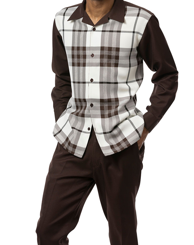 Close-up of the checkered sleeve on the Brown Plaid 2 Piece Long Sleeve Walking Suit Set jacket, showing cuff buttons.