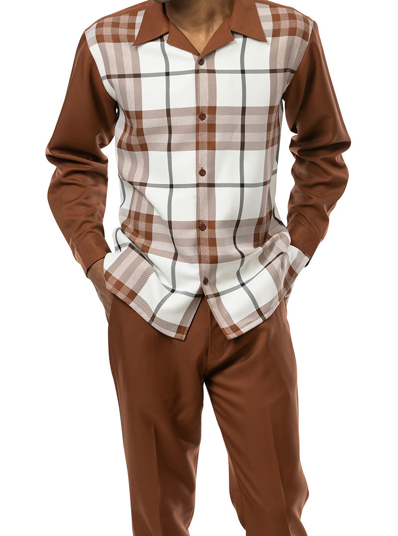 Close-up of the Montique Cognac plaid sleeve of the 2 Piece Long Sleeve Walking Suit Set, showing cuff buttons.