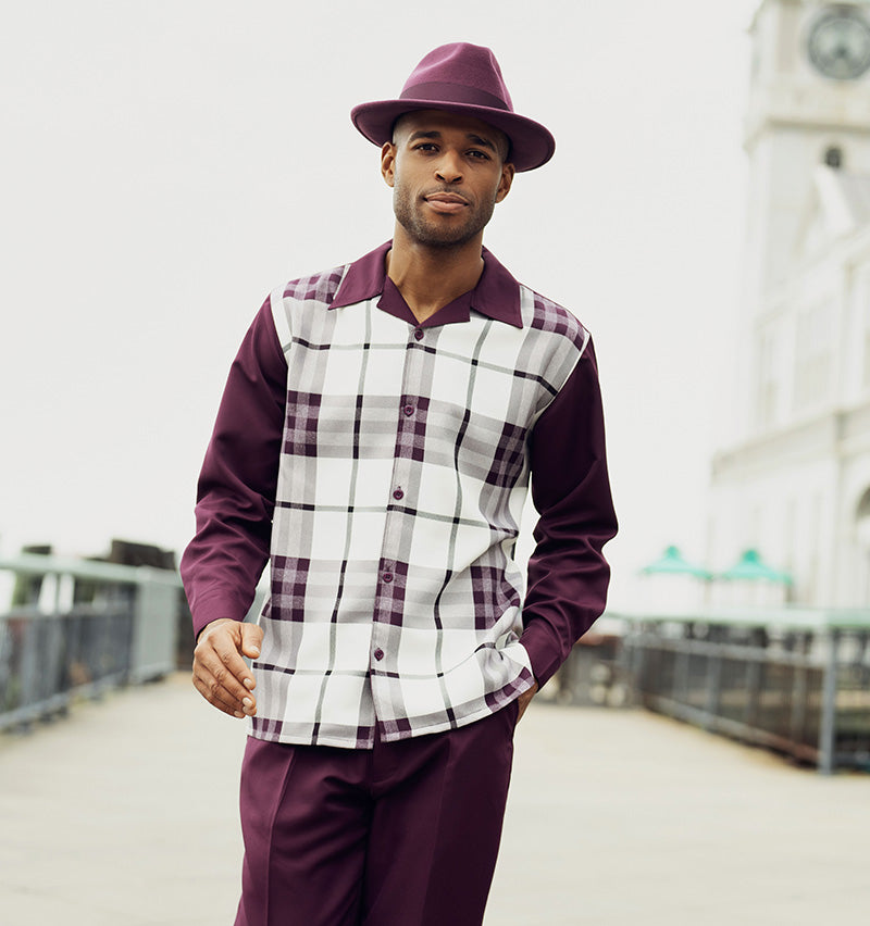 Close-up of the checkered sleeve on the Plum Plaid 2 Piece Long Sleeve Walking Suit Set, showing cuff buttons.