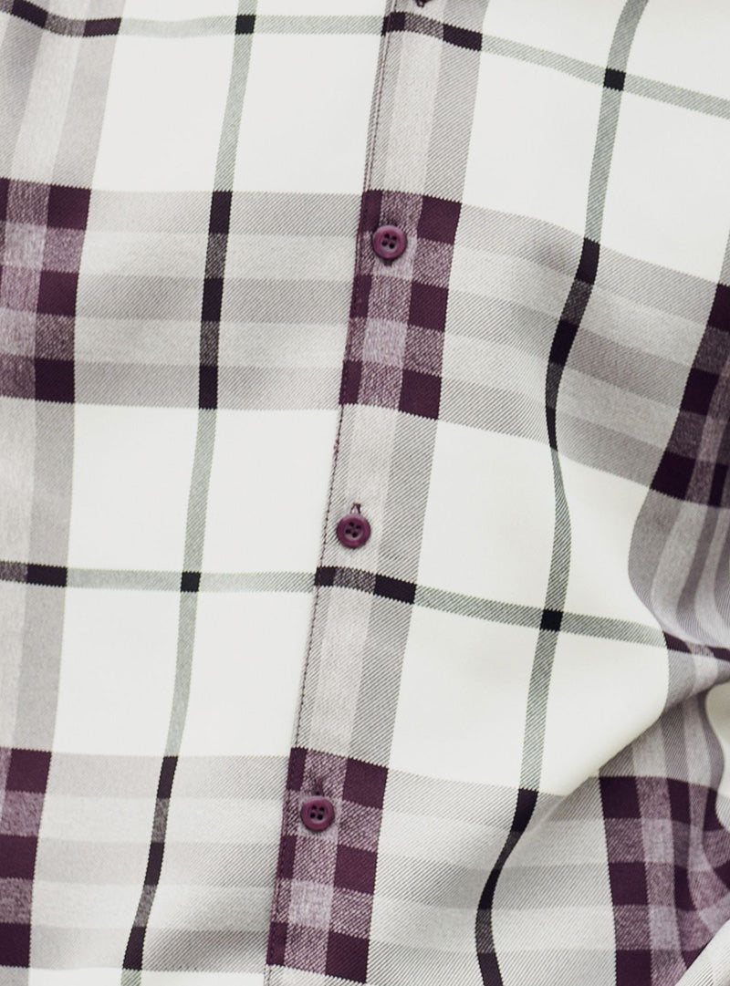 Montique Plum Plaid 2 Piece Long Sleeve Walking Suit Set checkered dress shirt, showing the collar.