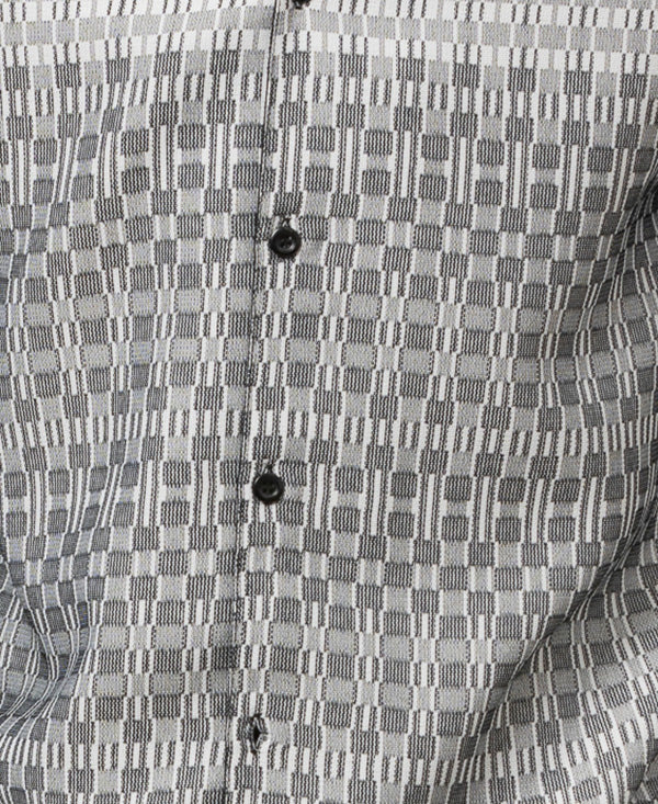 A checkered Black 2 Piece Long Sleeve Walking Suit Set dress shirt, showing collar, buttons, and sleeve.
