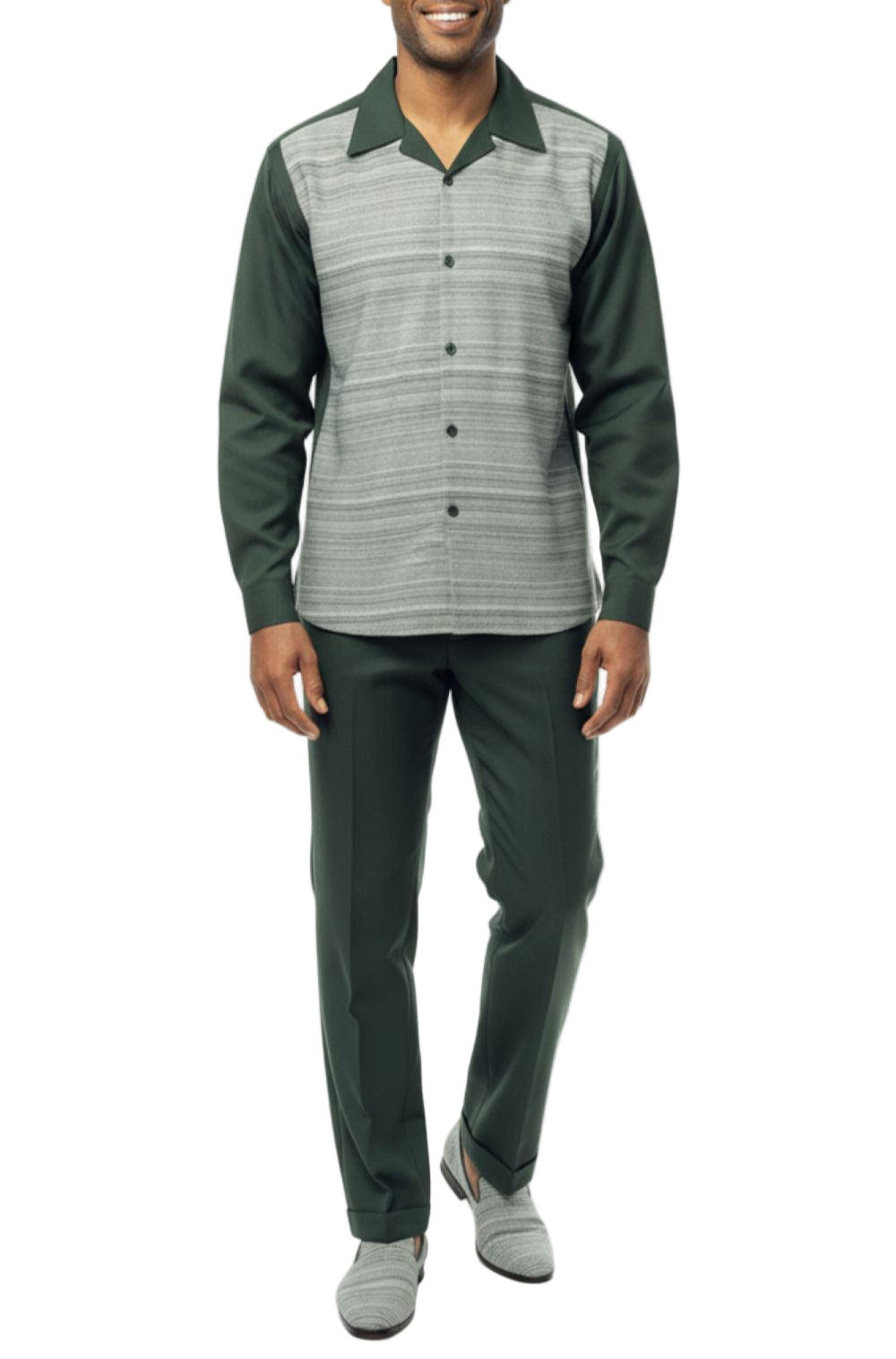 Man wearing a green and gray patterned shirt with matching pants on a white background