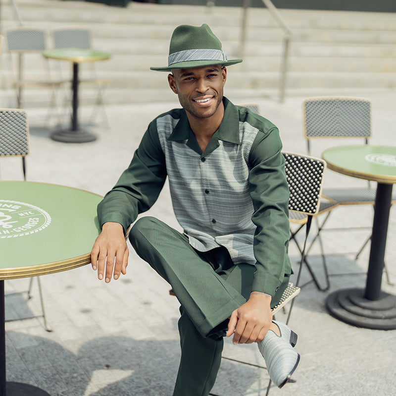 Solid Hunter Green Weave Printed 2 Piece Long Sleeve Walking Suit Set with a hat, visible collar, sleeve, and shoes.