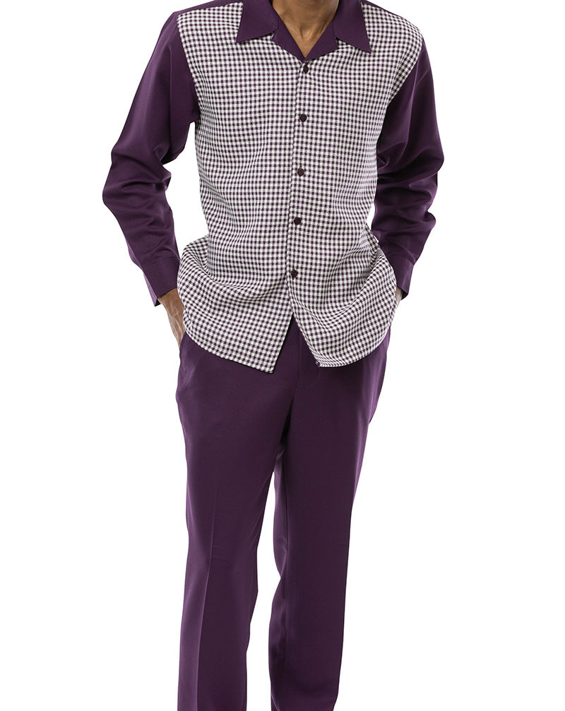 Person wearing a purple shirt with a checkered vest on a white background