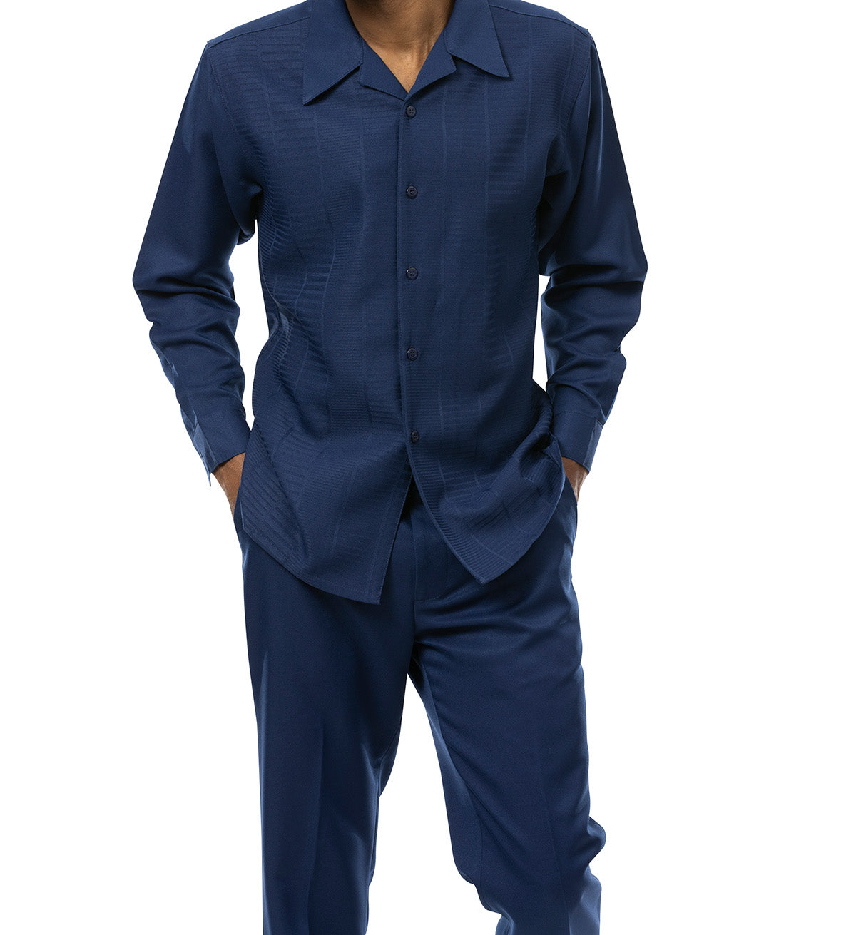 Close-up of solid Navy Montique Walking Suit Set sleeve, showing cuff buttons and pocket.
