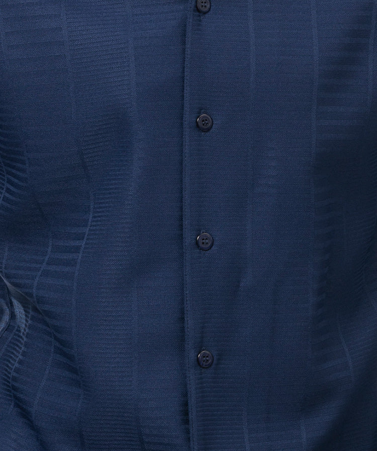 Navy Tone-on-Tone Design 2 Piece Long Sleeve Walking Suit Set dress shirt showing collar, buttons, sleeves, and a pocket.