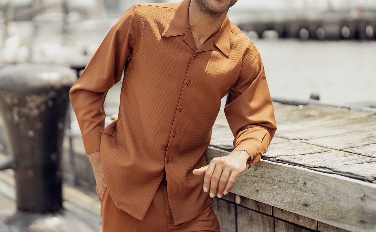 Cognac Tone-on-Tone Design 2 Piece Long Sleeve Walking Suit Set dress shirt, showing collar, buttons, and long sleeves.