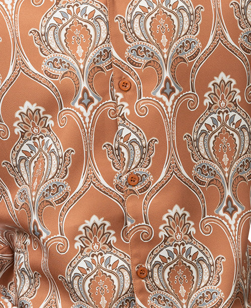 Detailed close-up of solid Clay satin fabric for the Clay Front Print Design 2 Piece Long Sleeve Walking Suit Set.