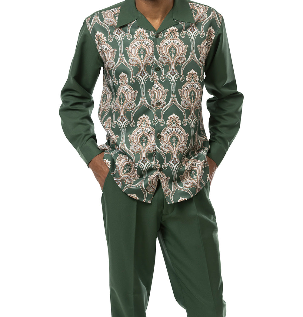 Close-up of the solid Emerald Front Print Design 2 Piece Long Sleeve Walking Suit Set sleeve, showing cuff buttons.