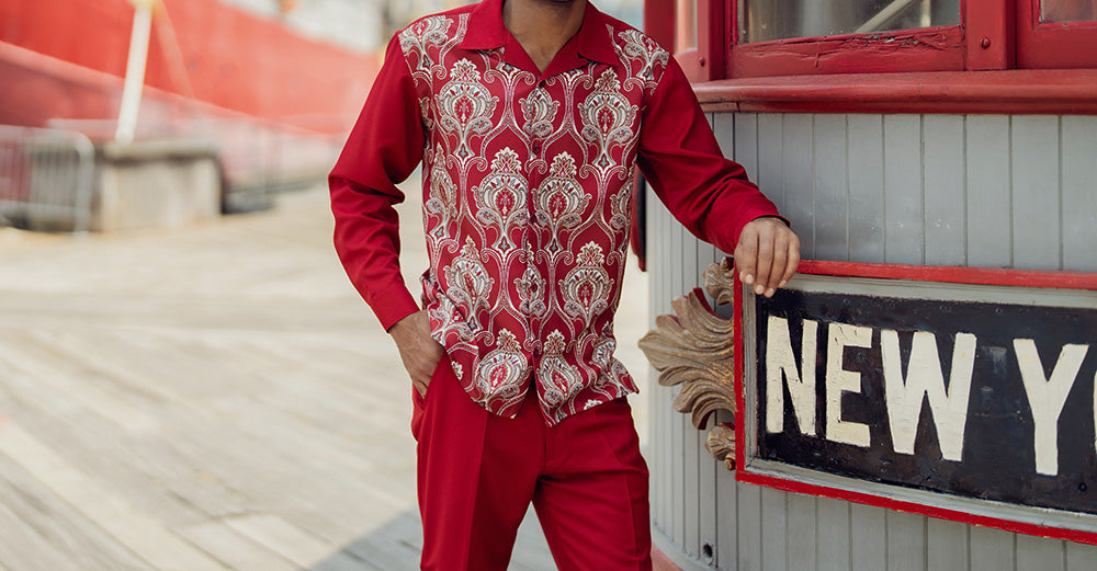 Close-up of the solid Montique Red Wine Front Print Design 2 Piece Long Sleeve Walking Suit Set sleeve, with collar visible.