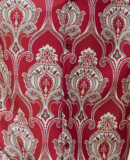 Detailed close-up of solid Red Wine Front Print Design fabric for Walking Suit Set.