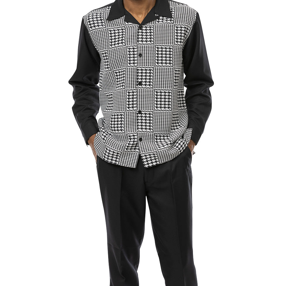 Close-up of the Black Square Patterned Walking Suit Set collar, buttons, sleeve, and pocket on a white background.