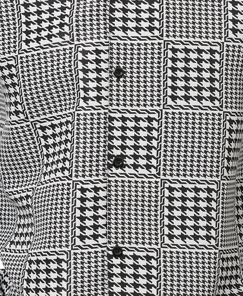 Detailed close-up of the black checkered weave for the Black Square Patterned 2 Piece Long Sleeve Walking Suit Set.