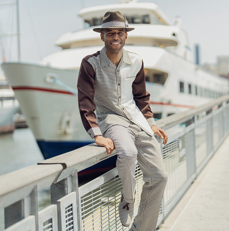 Classic Montique brown checkered walking suit. Regular fit, sophisticated style for mature professionals. Affordable deal.