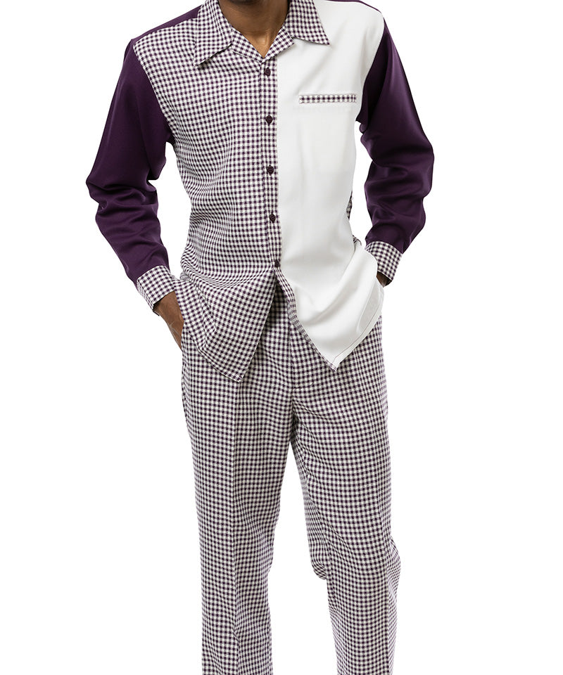 Montique Plum Checkered Walking Suit Set. Classic regular fit for sophisticated professionals. Quality, style, affordable ...