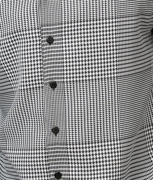 Black Plaid Front 2 Piece Long Sleeve Walking Suit Set dress shirt, with checkered pattern, displaying collar and pocket.