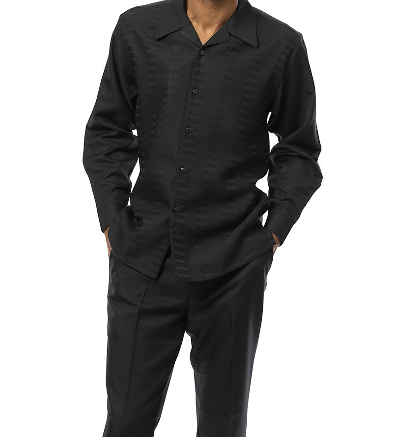 Black Tone-on-Tone 2 Piece Long Sleeve Walking Suit Set
