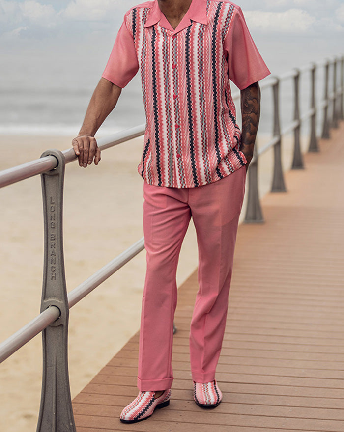 Conjunto de manga corta de 2 piezas con traje para caminar con diseño de tejido rosa