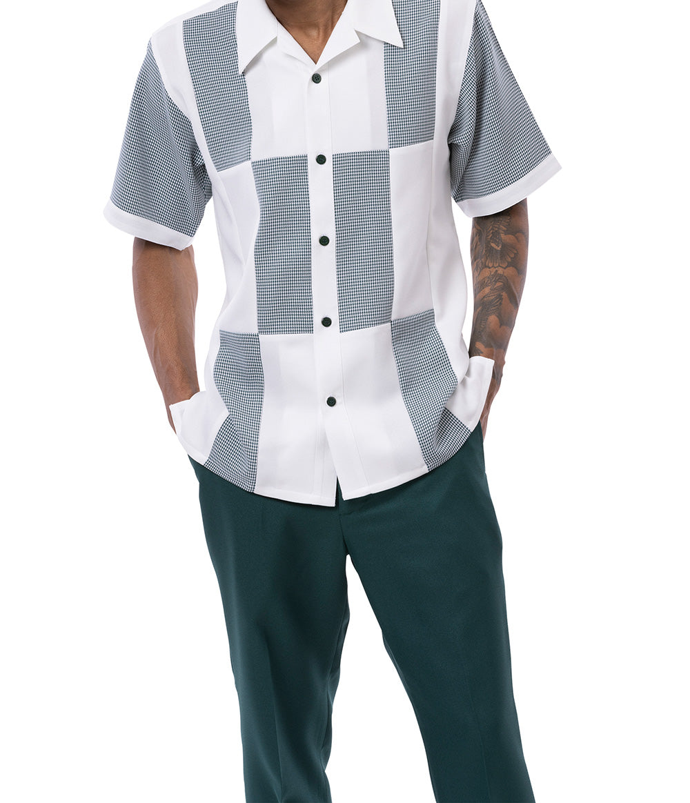 Solid emerald short sleeve of the Montique Emerald Color Block Walking Suit, showing buttons and pocket detail.