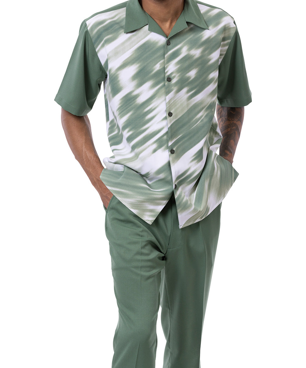 Close-up of the solid sleeve on the Emerald Abstract Print Walking Suit 2 Piece Short Sleeve Set, showing the buttons.