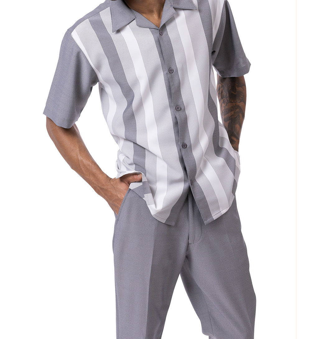 Pinstripe short sleeve of Gray Vertical Stripes Walking Suit 2 Piece Set, with collar, buttons, and pocket.